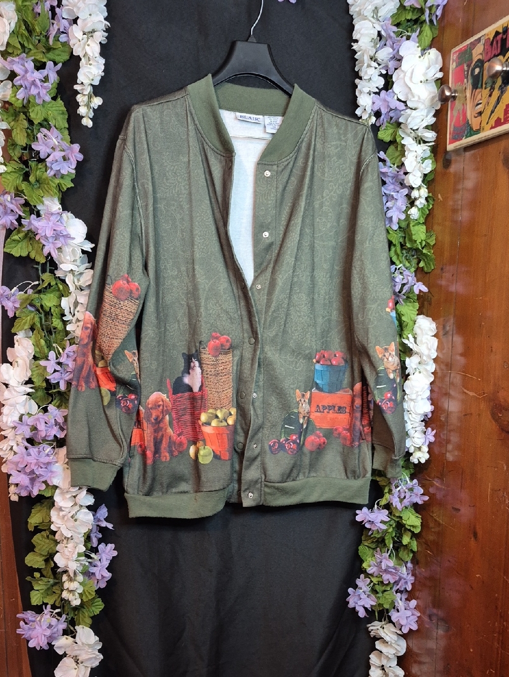 Blair Olive Green Snap-Front Cardigan with Red & Brown Fruit Print